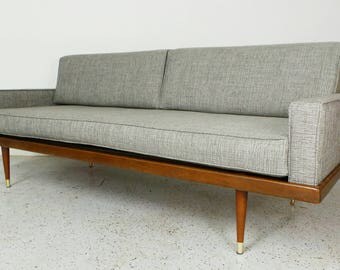 mid century modern reupholstered grey tweed daybed sofa with walnut frame