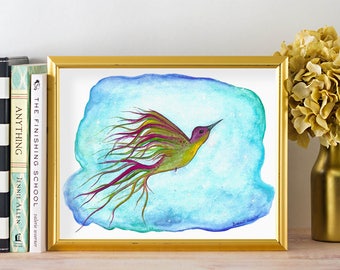 Watercolor Hummingbird Painting - Aqua Nursery Wall Art - Watercolour Hummingbird Print - Bird Nursery Poster - Blue Bird Art Print 8 x 10