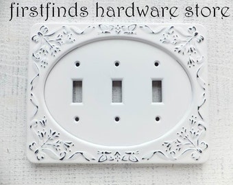 Triple Light Switch Plate Cover Electrical Shabby Chic White