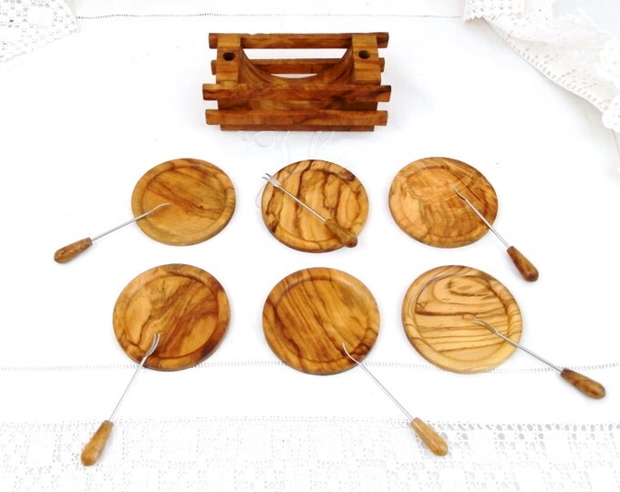 Vintage Set of French Olive Wood Mid Century Snail Forks, Holder and Plates, French Cuisine, Retro France, French Kitchenware, Cocktail