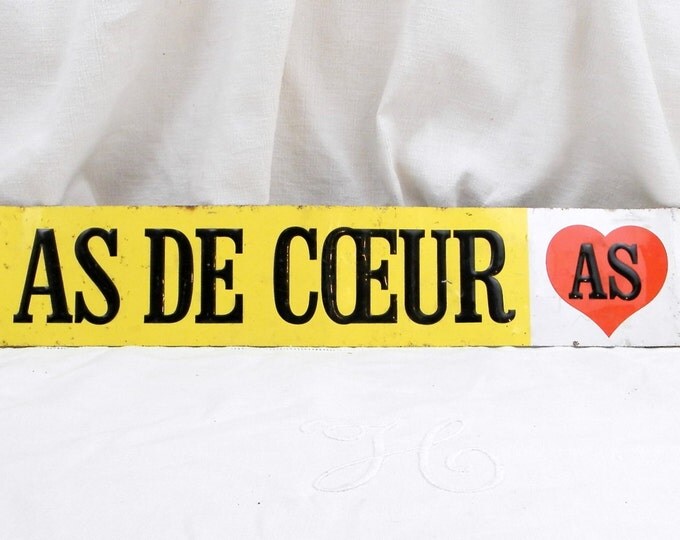 Vintage French "As de Coeur" Ace of Hearts Yellow & Black Painted Embossed Metal Sign, Man Cave, Decor, Retro, Home, Interior, Wall Hanging