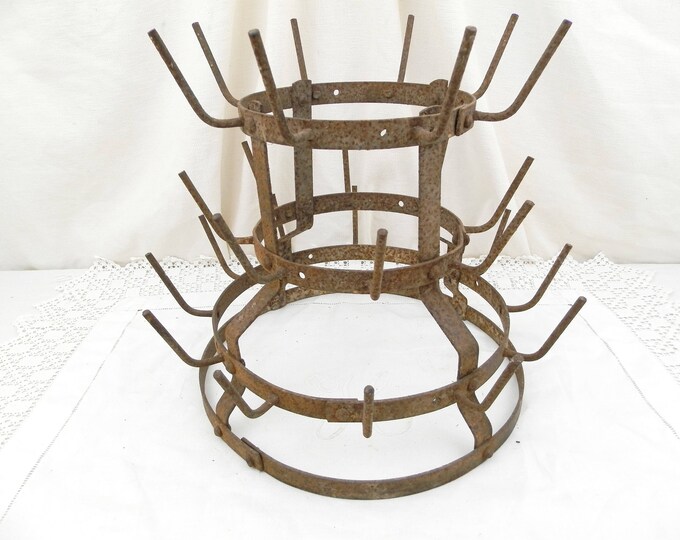 Small Antique French Wine Bottle Drying Rack / Holder for 28 Bottles, Made of Metal from France, Rusty Patina, French Country, Shabby, Chic