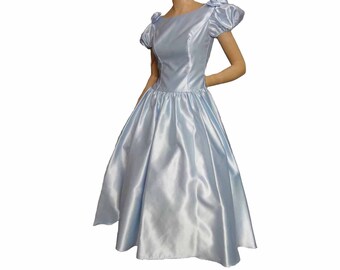 80s Prom Dress Baby Blue Satin Formal Gown Bridesmaid Dress Puffy Sleeves Size Small