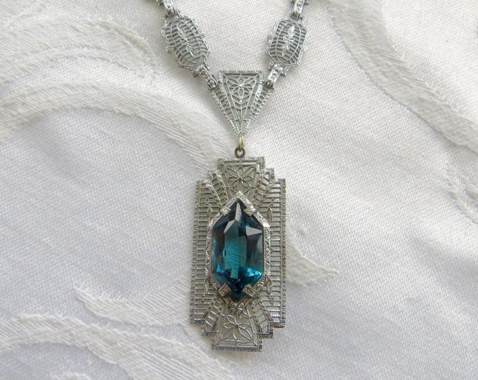 Antique Art Deco Filigree Necklace, Aquamarine Center Stone, Vintage Wedding Necklace, Something Blue