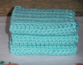 Crochet Dish Cloths, Crochet Dish Rags, Crochet Wash Cloths, 100% Cotton, Farmhouse Kitchen, Farmhouse Bath, Set of 3, Seabreeze Blue