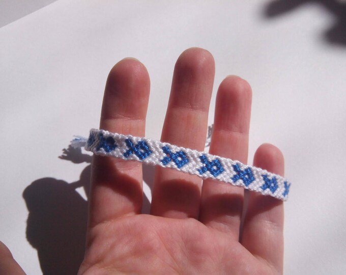 Friendship Bracelet, Macrame, Woven Bracelet, Wristband, Knotted Bracelet - White and Navy Blue Ribbon Bracelet. Colon cancer awareness