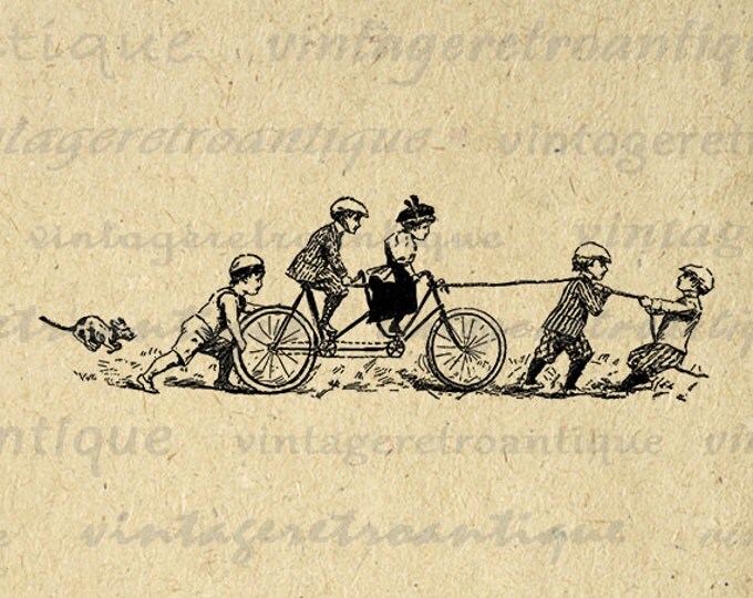 Antique Children Riding Two Seat Bicycle Digital Graphic Image Download Printable Vintage Clip Art Jpg Png Eps HQ 300dpi No.4184