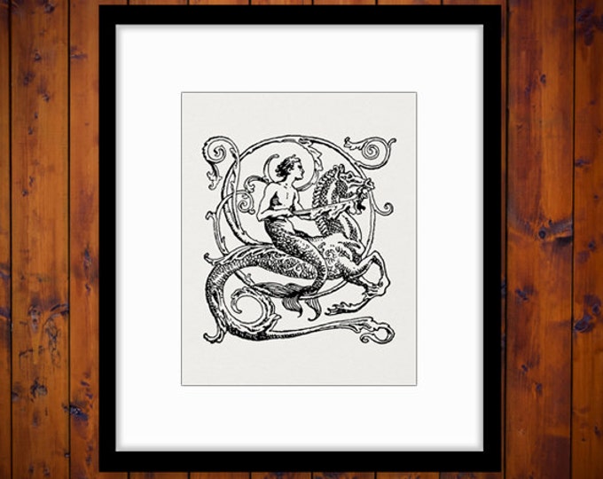 Printable Graphic Merman and Seahorse Download Antique Illustration Digital Image Vintage Clip Art Jpg Png Eps HQ 300dpi No.3005