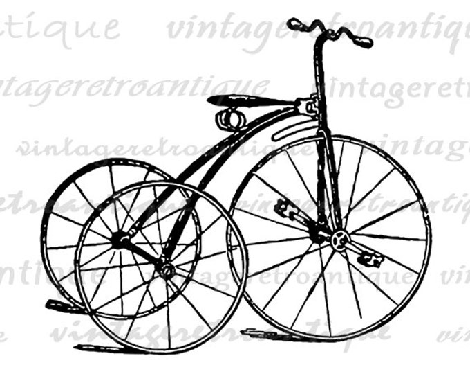 Printable Digital Antique Tricycle Bicycle Download Illustration Graphic Image Vintage Clip Art Jpg Png Eps HQ 300dpi No.1390