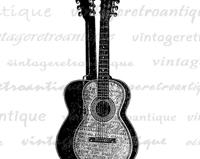 Printable Acoustic Guitar Digital Graphic Illustration Image Music Download Vintage Clip Art Jpg Png Eps HQ 300dpi No.1175