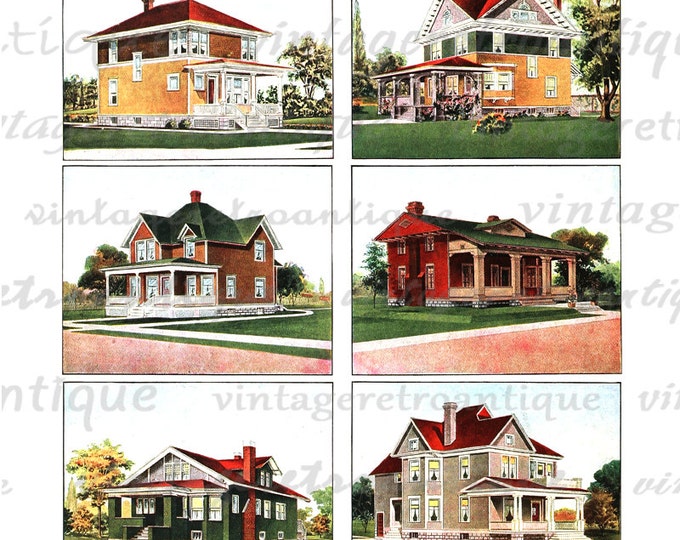 Houses Graphic Printable Digital Homes Download Color Illustration Image Vintage Clip Art HQ 300dpi No.1209