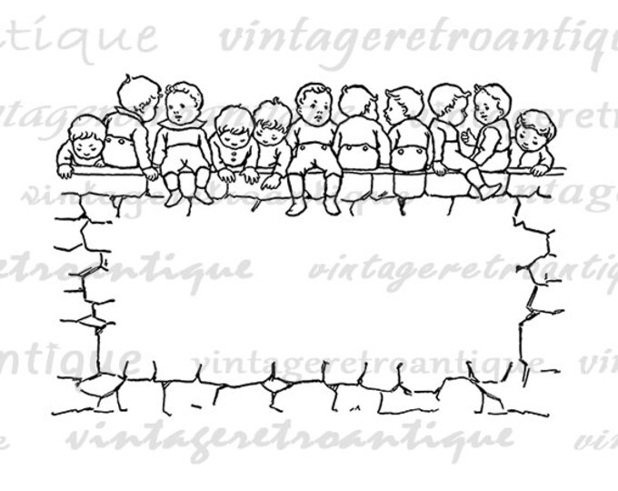 Children Sitting on Wall Printable Image Graphic Download Digital Vintage Clip Art Jpg Png Eps HQ 300dpi No.3285