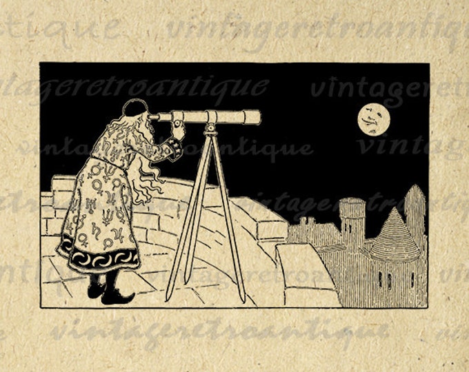 Astronomer with Telescope Digital Graphic Image Space Download Printable Vintage Clip Art Jpg Png Eps HQ 300dpi No.3146