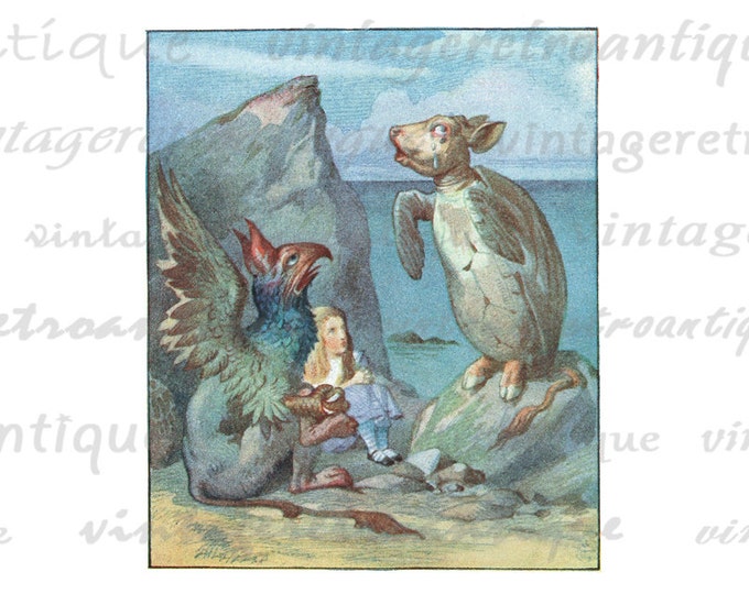 Printable Graphic The Griffin and Mock Turtle Alice in Wonderland Digital Download Color Image for Transfers Pillows HQ 300dpi No.2838