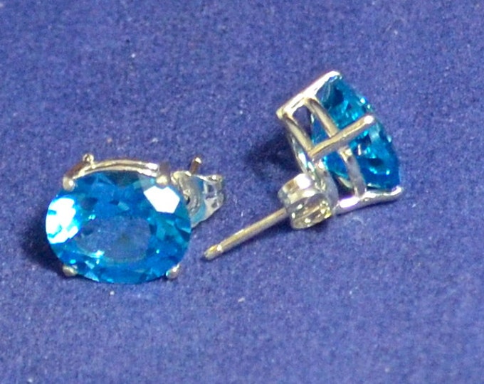 Swiss Blue Topaz Studs, 11x9mm, Natural, Set in Sterling Silver E991