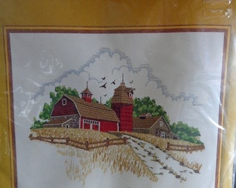 Sunset Vintage Country Barn Crewel Embroidery Stitch Kit 1977 Stitchery No 2481 NOS New Old Stock