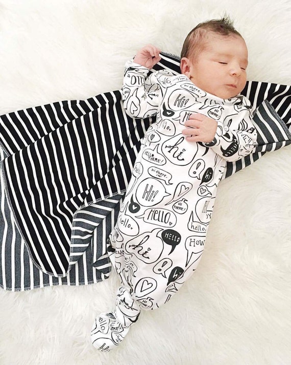 Organic baby knotted sleeper gown Hello by LittleEastThreads