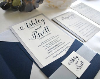 Navy, Silver Pocket Wedding Invitation-Romance, Sapphire, Midnight Blue, Gold (NOT A SAMPLE LISTING) - Colors/wording/materials Customizable