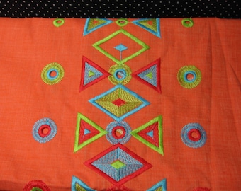 Fabric, Medium Weight, Machine Embrodiered, Bright Orange Background, Vintage, sewing suppies 42" x 2 yards (Orange Emb.)