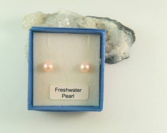 Light Pink Freshwater Pearl Button Stud Earrings Sterling Silver 6-7mm