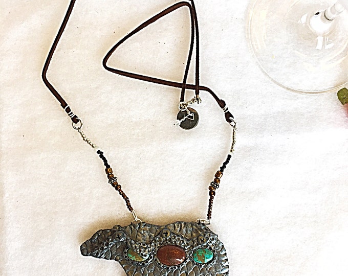 Tribal Silver Turquoise and Goldstone Bear Large Pendant Necklace, Moonstone, Seed Bead and Brown Suede Necklace, Metallic