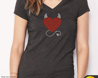 Devil Heart Rhinestone Iron-on Bling Transfer Crystal Applique Design - Make Your Own Shirt DIY for Valentine's or Any Day - Devil Horns