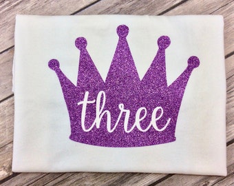 Any Color Princess Crown Birthday Shirt, Three Year Old, Purple Glitter, Queen Birthday Girl, Third Birthday, 3 Year Old Birthday Shirt