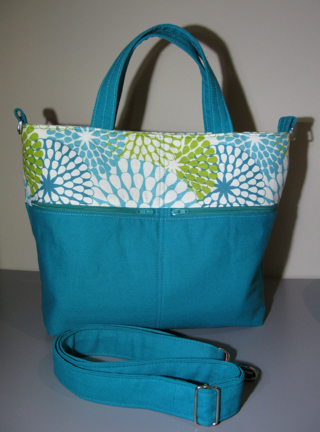 Medium Size Tote Bag Turquoise Summer Floral Canvas Cotton