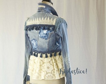 Upcycled Jean Jacket, Denim and Lace Jean Jacket, Embellished Boho Jean Jacket, Triptastica Festival fashion