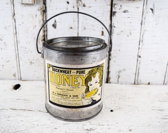 Vintage Metal Honey Pail Farmhouse Kitchen Decor