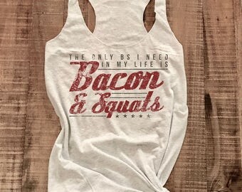 Muscle Tank, Bacon, Squats, Workout Tank Top, Graphic Muscle Tee, Gym Tank Top, Weightlifting, Muscle Tank, Vintage, Black, White