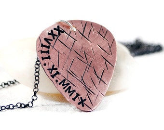 Custom Personalized Guitar Pick Necklace. Rustic Textured Copper Mens Engraved Guitar Pick On Sterling Silver Chain. Roman Date Necklace.