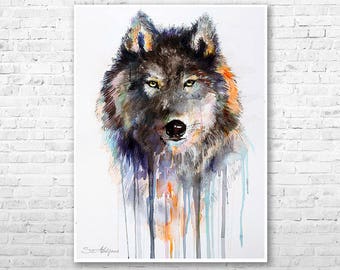 Charcoal Wolf watercolor painting print by Slaveika Aladjova, art, animal, illustration, home decor, Nursery, gift, Wildlife, Contemporary