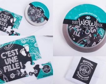 WOW, that's a GIRL. Pregnancy announcement, request of sponsor, godmother, baby, puzzle