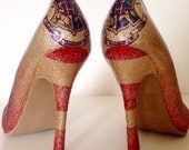 Hogwarts wedding shoes, red shoes, Harry Potter, gold shoes, ombré glitter, ombré glitter shoes, customised colours, customised shoes,