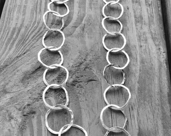 Long Silver Necklace, Hammered Silver Hoops, Argentium Silver Chain, 32"