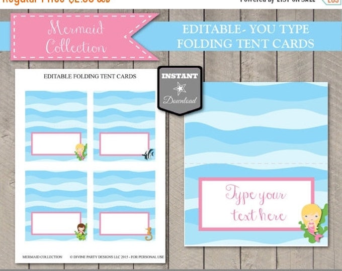 SALE INSTANT DOWNLOAD Editable Mermaid Folding Tent Cards / Type Your Text / Printable Diy / Mermaid Collection / Item #704