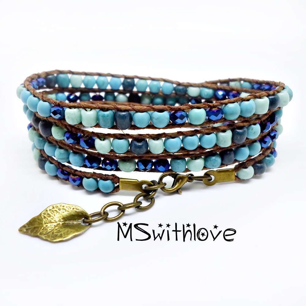 Turquoise wrap bracelet Hemp cord bracelet Four by MSwithlove
