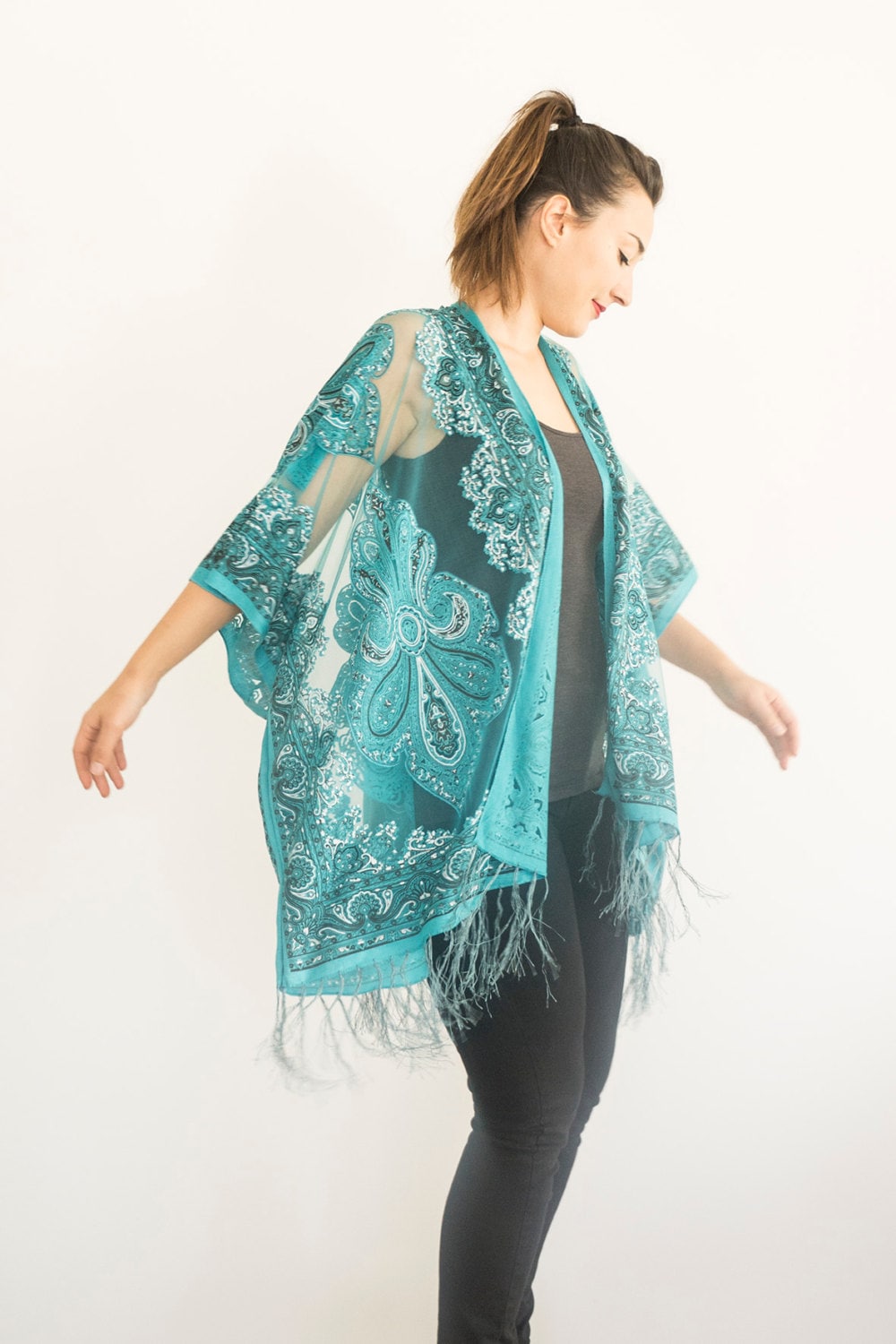 Turquoise Kimono Sheer Jacket Fringe Jacket Boho Kimono