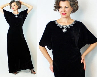 1930s velvet dress / 30s velvet dress / velvet evening gown / beaded dress / 30s evening gown / 1930s evening gown / waist 32"- 35"