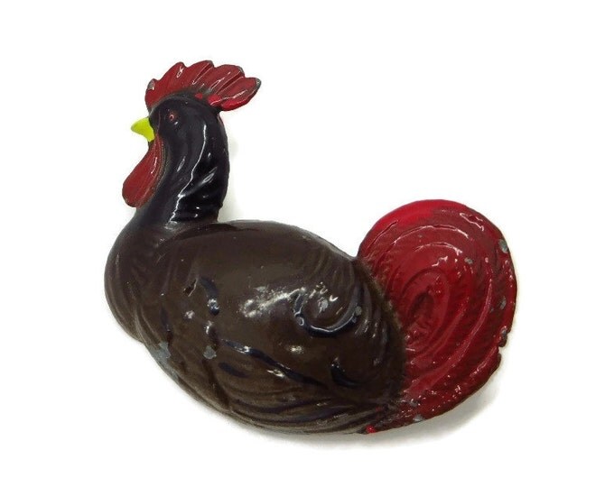 Vintage Ceramic Rooster Brooch, Brown, Red and Yellow Enameled Rooster Pin