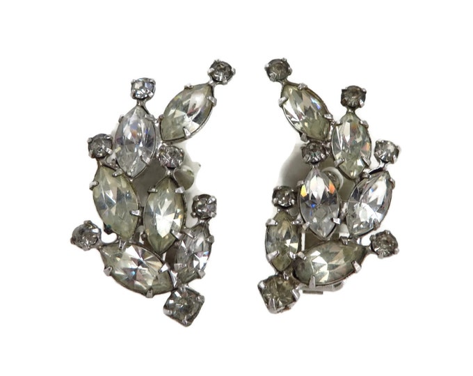 Vintage Weiss Navette and Round Rhinestone Curved Clip-on Earrings