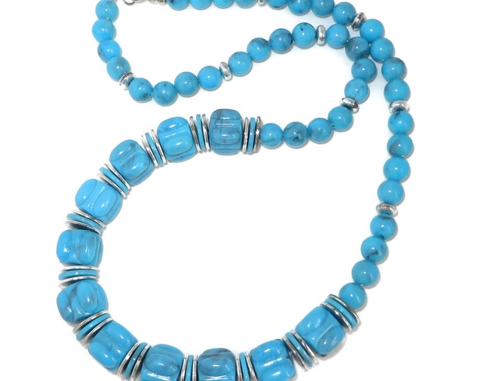 Vintage Blue Beaded Necklace, Chunky Drum Bead Necklace