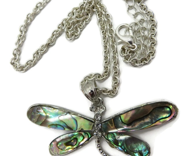 Abalone Butterfly Pendant Necklace, Vintage Rhinestone Studded Silver Tone Necklace