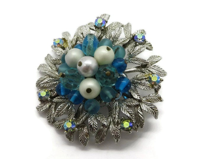 Coro Silver Tone Blue and White Bead AB Rhinestone Flower Brooch Pin