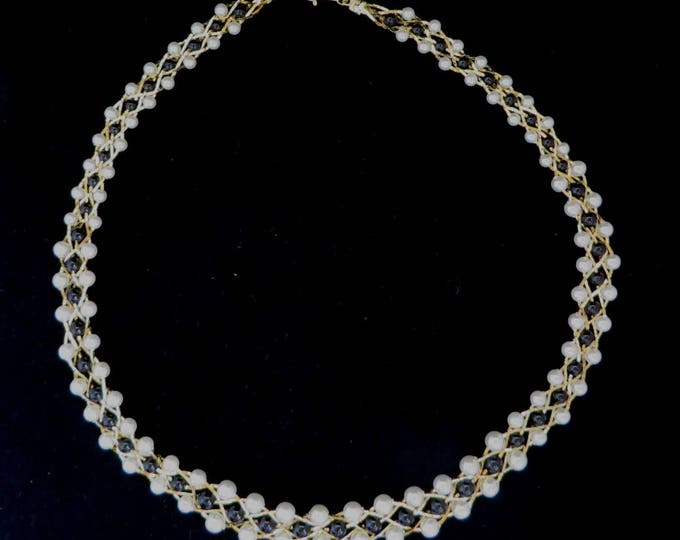 Vintage Faux Pearl Gold Tone Necklace, Black and White Faux Pearl Woven Necklace