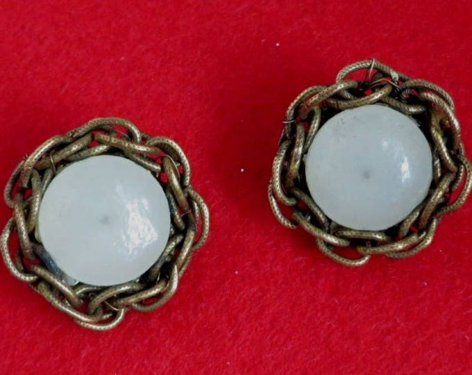 Vintage Miriam Haskell Button Earrings, Mid-Century Designer Braided Brass and Glass Button Clip-ons