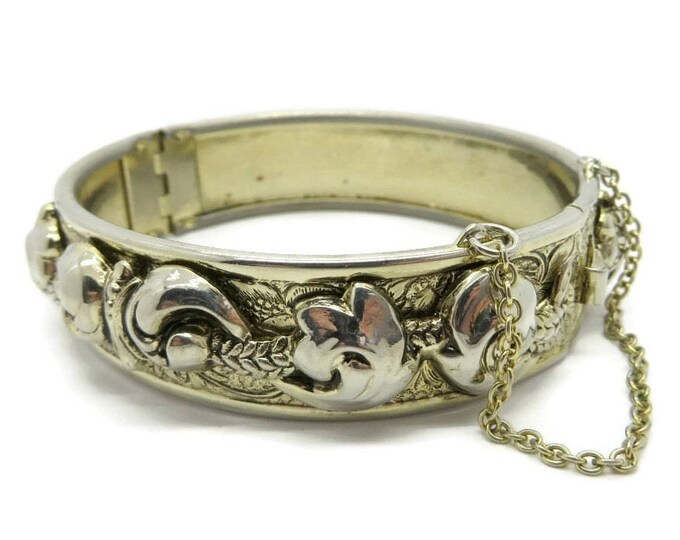 Vintage Bangle Bracelet Gold Tone Hinged Bracelet, Scrolled Bangle Safety Chain Costume Jewelry Gift Idea