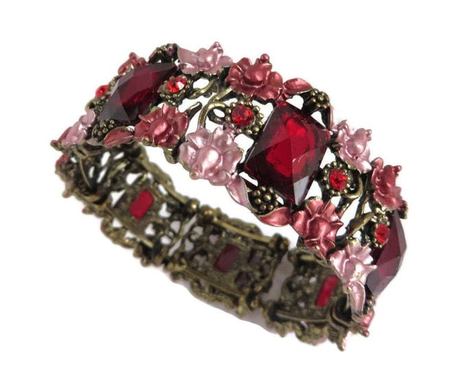 Red Rhinestone Flower Bracelet, Vintage Floral Cuff Bangle Costume Jewelry Bracelet