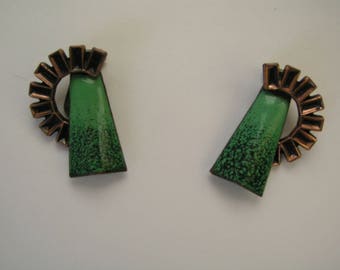 Vintage Matisse Green Enamel and Copper Clip On Earrings From the 1950's